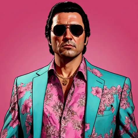 A character from a YouTube channel about the artificial intelligence art style of GTA Vice City, a mobster in a scarface, Tony Montana-style floral shirt and luxurious sunglasses, hand-drawn minimalist style face, similar to Tony Montana from Scarface, no ...