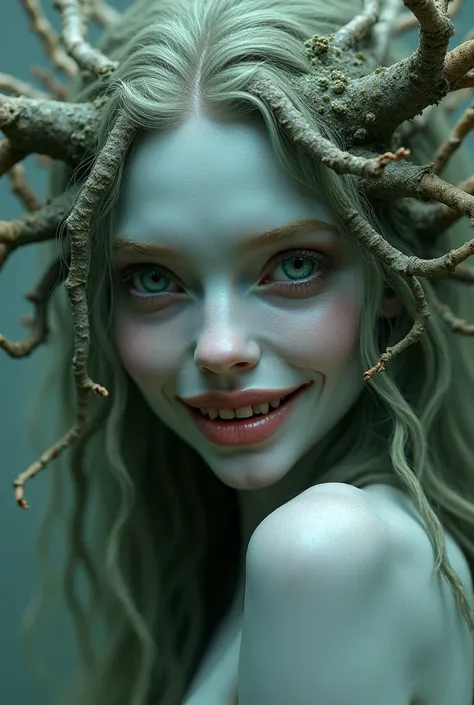 A woman with the pale blue-gray skin of hydrangeas ,The tangled hair full of branches ,pointed chin ,, thin face, large eyes, deep dark green and with a smile of sharp teeth to show the teeth 