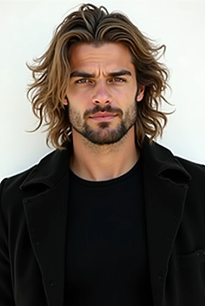 Give me the clean image of a white man, 27 years old, rebellious long wavy light brown hair,  striking eyes ,  Thick lips,  thick eyebrows. wonderful face. He is very handsome and manly,  strong and muscular . He's wearing a black t-shirt and a black overc...