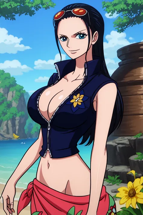  Nico Robin in One Piece ,  long black hair,  blue eyes, Dark, wide pupils,  smiles,  Big Breasts,  large breasts,  sunglasses, Wear a long salmon pink sarong skirt 、 zip up a navy blue leather vest with a short sleeve ,  navy blue leather vest designed wi...