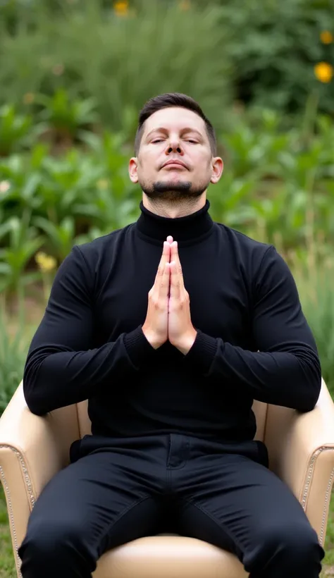  A man sitting outdoors in a beige chair , with green vegetation background .  He is wearing a black turtleneck sweater and black pants, Eyes closed in a prayer pose, with his hands folded in front of his face 