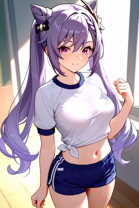 8k,masterpiece, best quality, ultra detailed, high resolution, super fine illustration,Keqing (Genshin impact), 1girl, solo, smile ,purple eyes, purple hair, cone hair bun, double bun, braided bangs, long hair, medium breasts, gym uniform, navel, short sho...