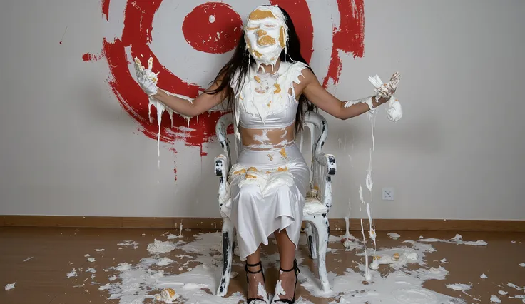 A beautiful 18-year-old girl with long, flowing dark hair and wearing a long satin formal dress and black strappy high heels sits in a chair in front of a wall that has a target painted on it directly behind where she is sitting. She is completely covered...