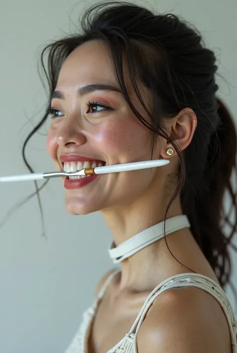 Generate a 3/4 profile of a woman’s face smiling while proudly displaying a white paintbrush permanently glued between her teeth and her hands tied behind her back 