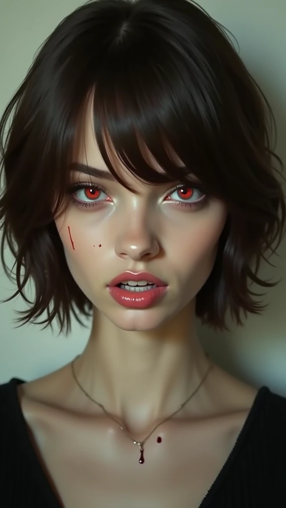 brunette woman, cheveux courts, red eyes. With blood on the lip 
