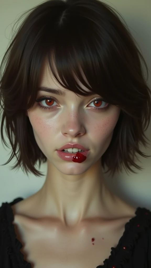 brunette woman, cheveux courts, red eyes. With blood on the lip 
