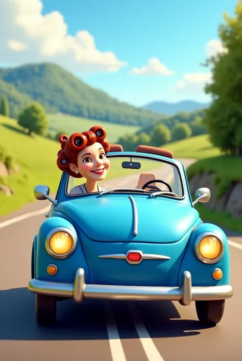 Blue car on the road with white woman with curlers greeting from inside the car