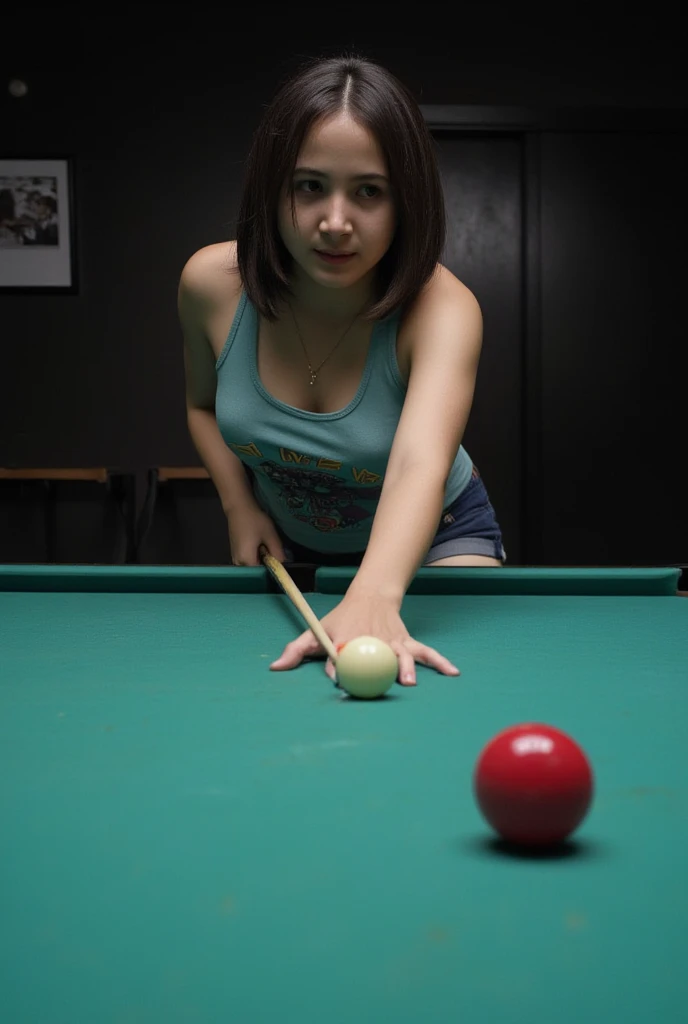 A young woman of light complexion,hard nipple pokies likely in her late s or early twenties, is playing pool.  She is positioned slightly to the left of center, leaning over a pool table.  She is facing the cue ball, concentrating on her shot.  Her express...