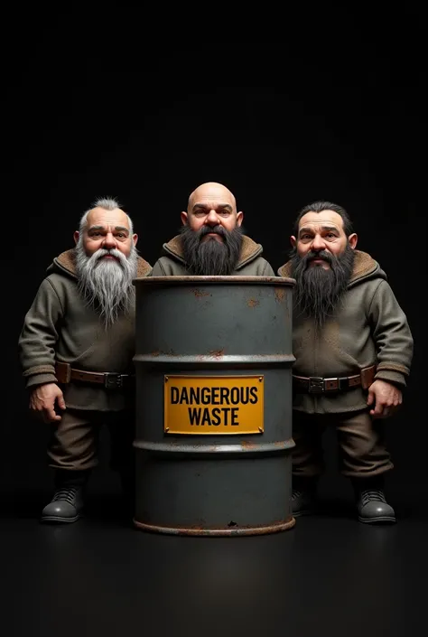 Can you make a modern and professional picture of four dwarves with neutral expressions on a black background with a metal barrel that says 'dangerous waste'