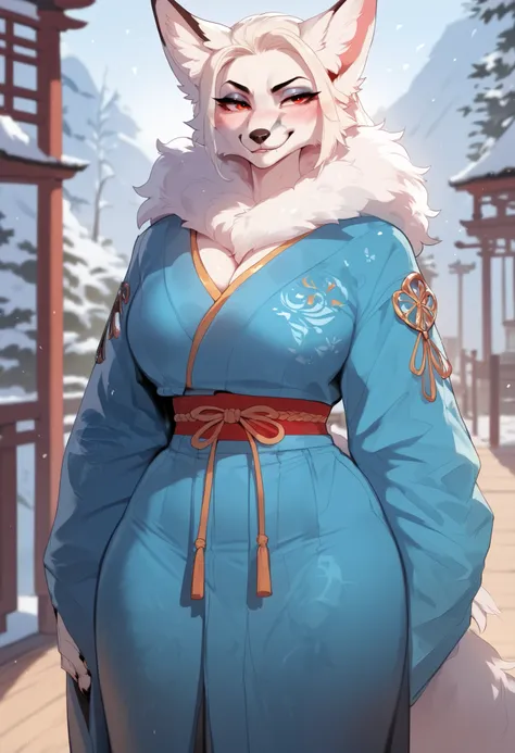 Score_9, Score_8_up, Score_7_up, Score_6_up, uploaded the e621, upper view, anthro, humanoid female, snow fox, strong body, fluffy body, white fur, fluffy, detailed eyes, blushing, aroused smirk, wide hips, dommy mommy, ((taller frame)), ((uper body)), bea...