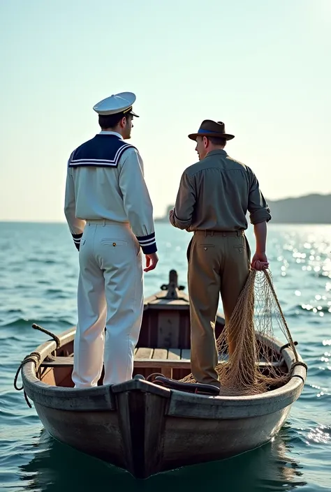 Create an image of a sailor in white clothes and dark blue details and a fisherman with old clothes and a net in his hand, both on top of a boat