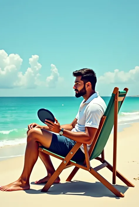 arafed man sitting on a beach chair with a frisbee in his hand, a picture by Ismail Acar, instagram, realism, wearing polo shirt, mohamed chahin, khyzyl saleem, mohamed chahin style, around 1 , emad mostaque, sayem reza, profile photo, profile pic, riyahd ...