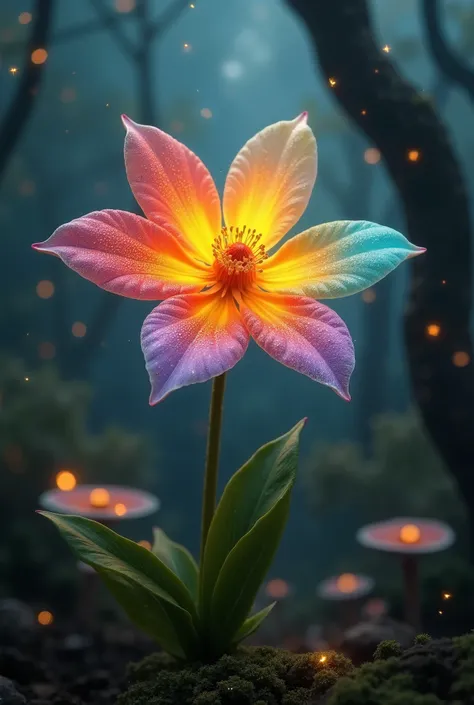 
"A magical seven-petaled flower glowing softly in an enchanted forest. Each petal has a different radiant color in this order: red, orange, yellow, matte green, navy blue, indigo, and violet. The petals shimmer with an ethereal glow, and tiny sparkling fa...