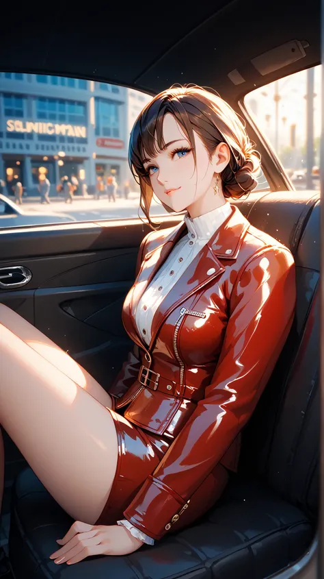  Anime Girl ,  wearing a velvet suit ,  Beautiful Poses ,  Sexy and Comfortable Look,  Ideal Anatomy ,  flirting, Background Sitting on a leather car seat, Small details,  The leather interior window is slightly open,  Masterpiece, Full details,  bright co...