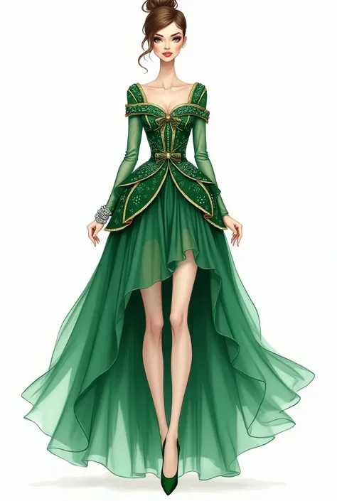 Cocktail dress ,Start with a basic female fashion figure (croquis).
Draw the bodice, sleeves, and skirt structure similar to your chosen design.
Incorporate the Emerald Green & Gold Color Scheme
Use gold for the bow, one sleeve, and part of the skirt.
Use ...