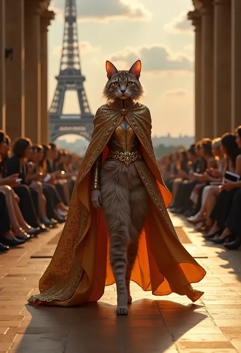 Make me a cat with antromorphic manners dressed with a magnificent cape and parading at Fashionweek in Paris