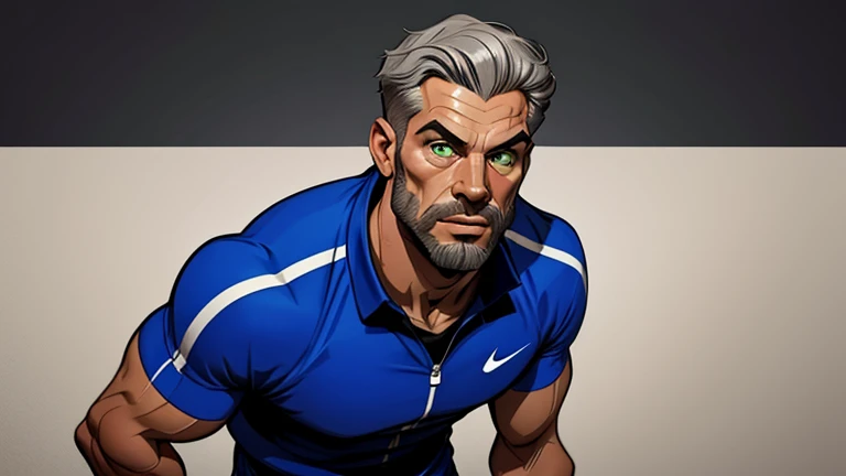 Nino is a 40-year-old man, strong, athletic and handsome. He is a man with dark and some gray hair, a beard, green eyes and a somewhat tanned complexion. He is an athletic man. He is dressed in a gray Nike tracksuit and white Nike sneakers. sketch cartoon....