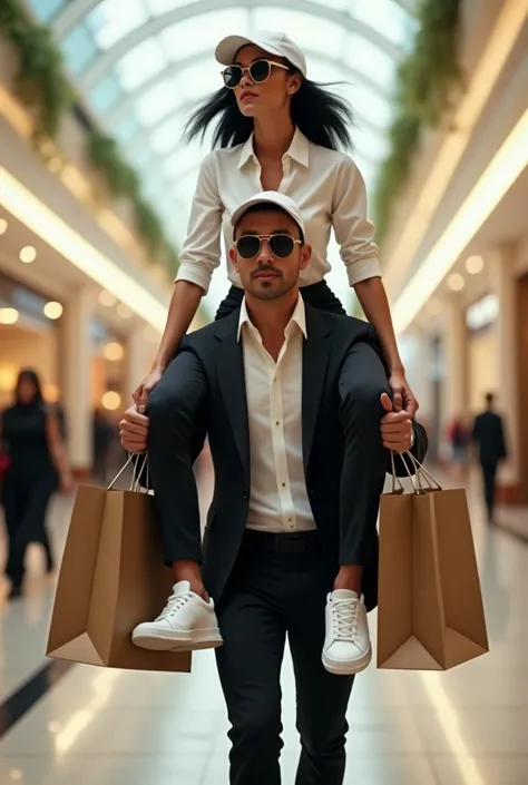  Sexy millionaire woman with black hair ,  White Shirt,  black pants,  sunglasses, White sports cap and white shoes sit on her butler's shoulder as he carries his shopping bags around the mall 