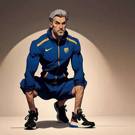 Nino is a 40-year-old man, strong, athletic and handsome. He is a man with dark and some gray hair, a beard, green eyes and a somewhat tanned complexion. He is an athletic man. He is dressed in a gray Nike tracksuit and white Nike sneakers. sketch cartoon....