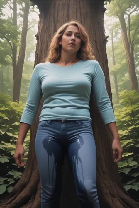 A Canadian fashion model age 27 is standing next to a tree in a forest. She is wearing a light blue long sleeve t-shirt and tight dark blue jeans. She is wetting her pants, and there is a large wet spot around her groin and running down her legs. She is lo...