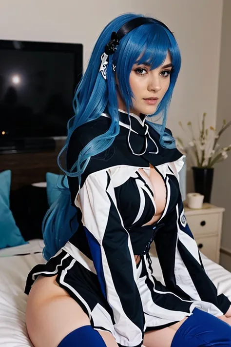 arafed woman with blue hair sitting on a bed, black skin, portrait knights of zodiac girl, anime cosplay, anime girl cosplay, cosplay, with blue hair, ornate cosplay, knights of zodiac girl, azure. detailed hair, beautiful blue haired girl, costume with bl...