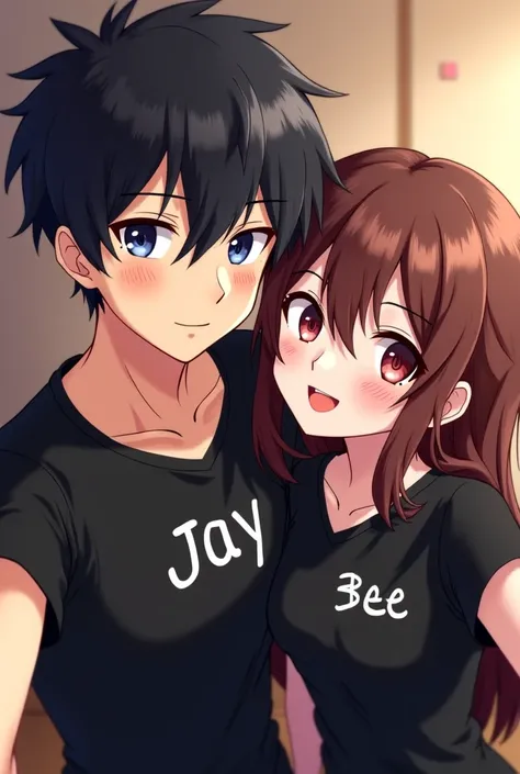 Anime couple selfie .
 Her guy wears a black shirt with the name jay.
 Her chick wears a black shirt with the name bee 