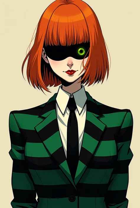 A character with ginger hair, straight hair, a mid bob cut and a straight hairbang wich fully cover his eyes. An elegant suit covered of black and green stripes. evil smile, cartoon 