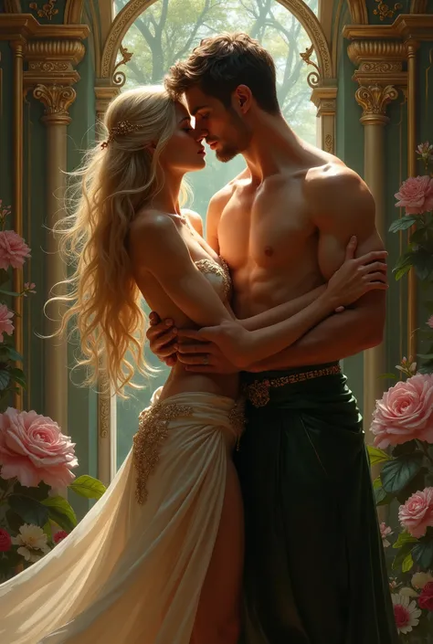 A tall woman who is really hot is has blonde hair and is exposed (wearing nothing) and a male prince who is kissing her breasts, fantasy, nsfw, 