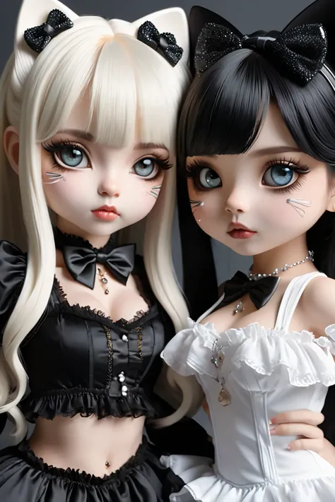 ((2 cat girls)),2girl ,腰まである twin tails,bangs,(( full body shot with a shy expression)), 2 girls facing each other ,kitten, twin tails, full body shot with a shy expression,とても beautiful,Black Catの耳, full body shot with a shy expression,Albino Skin,Cat's b...