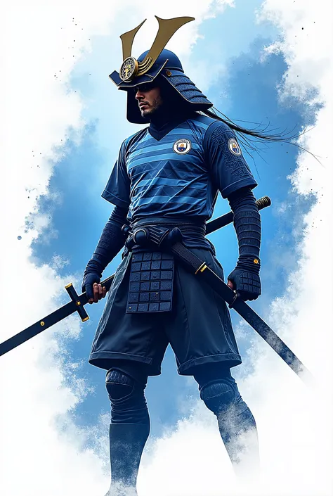 Design me a soccer t-shirt based on the Manchester City shirt and that has samurai 