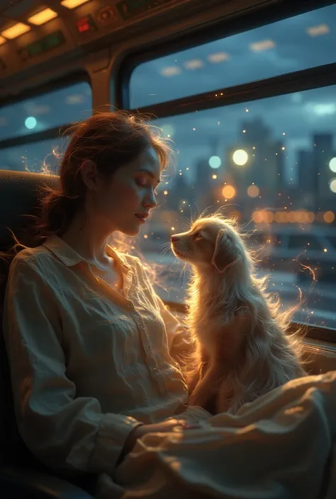 ((masterpiece, highest quality, Highest image quality, High resolution, photorealistic, Raw photo, Extremely detailed CG unified 8k wallpaper)), Cute Animals' Journey, a long-distance bus late at night, a kitten looking out the window on the lap of a sleep...