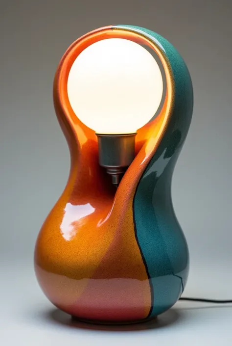 A glazed ceramic lamp with a weird colorful shape and a big bulb