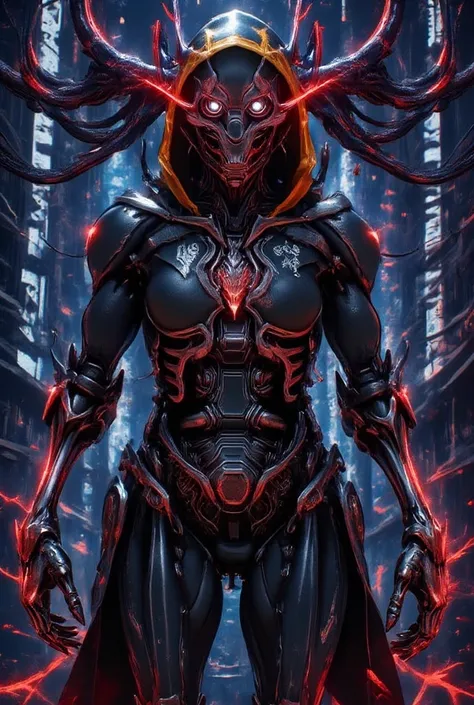 Full body, Realistic photography, A futuristic and highly detailed illustration of a superhero inspired by Spider-Man, wearing an advanced, high-tech armored suit. The suit is predominantly black with glowing red accents, sharp angular designs, and a bold ...