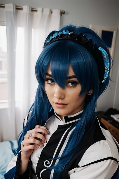 arafed woman with blue hair sitting on a bed, black skin, portrait knights of zodiac girl, anime cosplay, anime girl cosplay, cosplay, with blue hair, ornate cosplay, knights of zodiac girl, azure. detailed hair, beautiful blue haired girl, costume with bl...