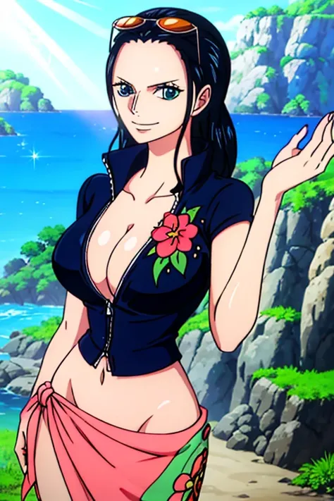  Nico Robin Dress, Marca with black hair ,  blue eyes,  big dark eyes ,  is smiling,  big breasts,  Oversized Boobs ,  sunglasses,  wears a long salmon pink sarong skirt 。 The skirt has a green seaweed pattern and red and yellow flowers, Navy blue short sl...