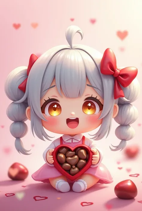 chibi,Ensure head isn't cut off,beautiful silver hair,laugh,valentine chocolate,beautiful yellow eyes,Pigtail Braids hairstyle