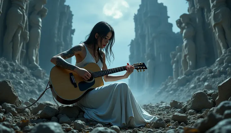  close camera from bottom to top , Close woman playing guitar , tattoo on arms,  white dress,  scenario gigantic castle destroyed giant statues destroyed, 3d,  white aura,  white energy ,  during the dark night horror atmosphere 
