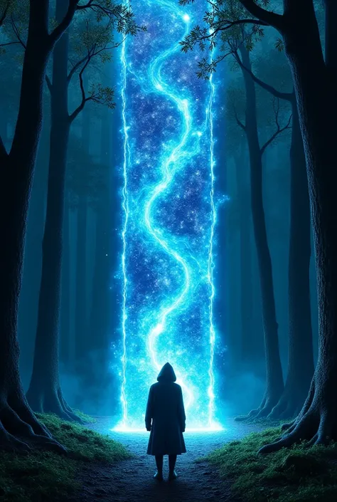 Time Portal in a Forest** – A dense enchanted forest with towering ancient trees. At the center, a glowing blue portal swirls with cosmic energy, reflecting images of different time periods. A traveler in a hooded cloak stands before it, preparing to step ...