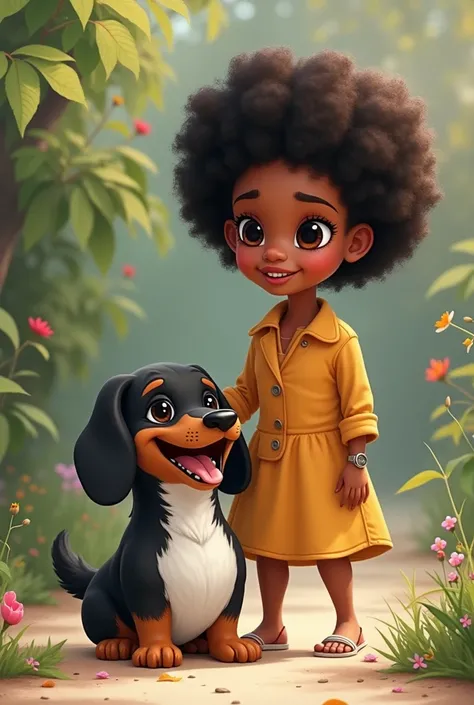  Fat black and white sausage dog with young woman,  afro hair , slim build and medium skin