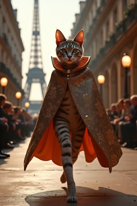 Make me a cat with antromorphic manners dressed with a magnificent cape and parading at Fashionweek in Paris