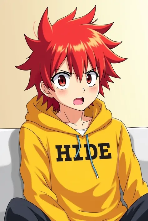 Please draw a Japanese animation showing a boy in his 20s with long hair and red hair in X Japan Matsumoto's hairstyle with a strong expression on a white sofa with a yellow hoodie with HIDE written in capital English letters