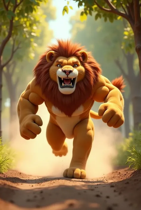 a lion-human hybrid running towards the camera in a earth. The hybrid’s fluffy paws swing energetically as it moves, its face lit up with excitement and joy. Dust rises lightly from the ground with each step, while the sunlight filters through the overhang...