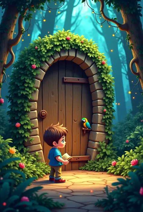  Entrance
Image Prompt:
"A 3D pixel-style jungle scene where a  baby boy with big green eyes, brown hair, a blue shirt, and skin-colored jeans stands in front of an ancient stone door covered in vines and moss. He is holding a treasure map while his colorf...