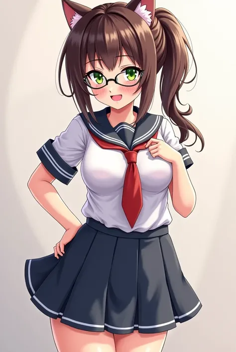 NSFW anime girl with dark brown hair, Hairstyle ponytail green eyes with school uniform and glasses with giant breasts,  big hips and a huge butt and perfect body excited cat ears, Masturbating her breasts 