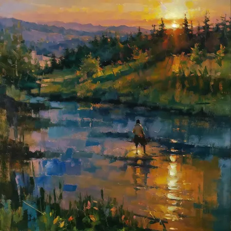 a knight, alone, looking at ground, epic, dark fantasy, on top of a mountain, looking at a beautiful sunset with  beautiful nature view with river, oil painting of orientalism style