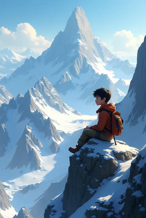 A young boy sitting mountain 