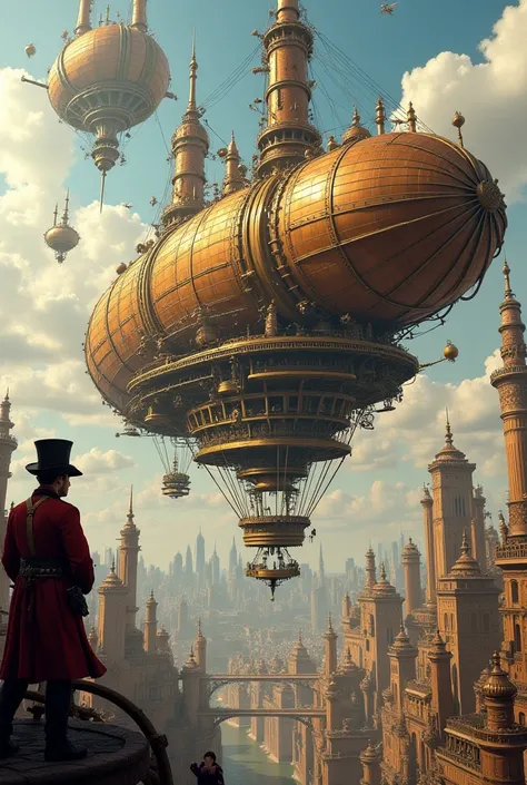 Steampunk Airship City** – A sprawling city in the sky, filled with floating airships, massive brass gears, and steam-powered machines. The skyline is dotted with flying contraptions and people in Victorian-style steampunk attire