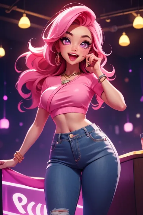 Perfect face. Perfect hands. A pink haired woman with violet eyes with an hourglass figure in sparkly crop  and jeans is singing at a karaoke bar with a big smile