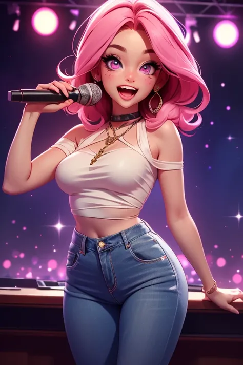 Perfect face. Perfect hands. A pink haired woman with violet eyes with an hourglass figure in sparkly crop and jeans is singing at a karaoke bar with a big smile