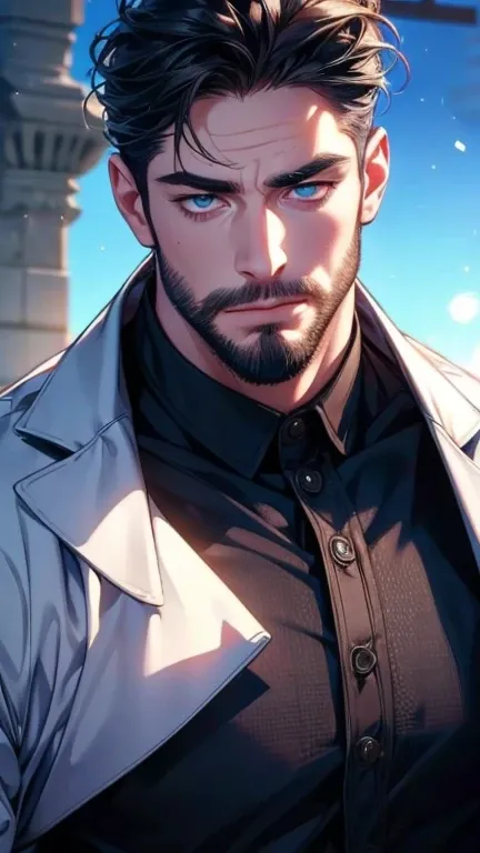 ( borrowed letter ,4K,8k, highres, masterpiece:1.2), ultra-detailed,(realistic,photorealistic,photo-realistic:1.37),36-year-old man,3 day beard,Cute anime ,Portraits,strong,Masculine, dark hair,sharp jaw, mesmerizing sky blue eyes , perfectly combed hair, ...